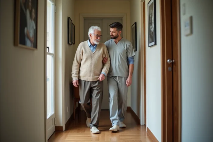 Accompagnement d'un senior par un auxiliaire de vie lors d'une visite à domicile dans un appartement lillois