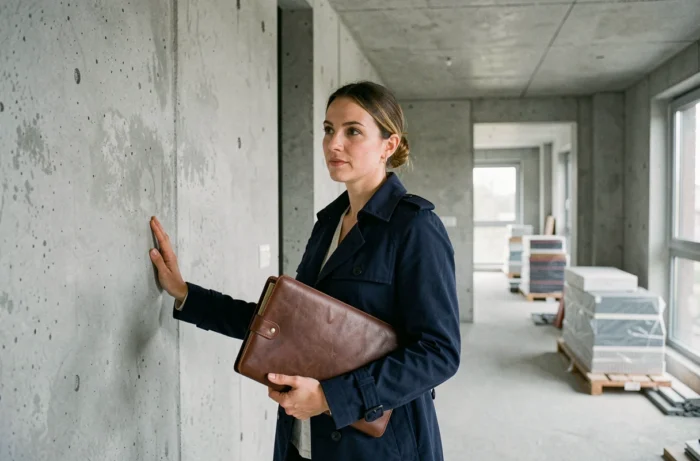 Acquéreur en VEFA visitant un appartement en construction lors de la phase de mise hors d'eau
