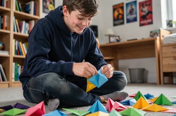 Adolescent souriant en train de plier une cocotte en papier colorée dans sa chambre