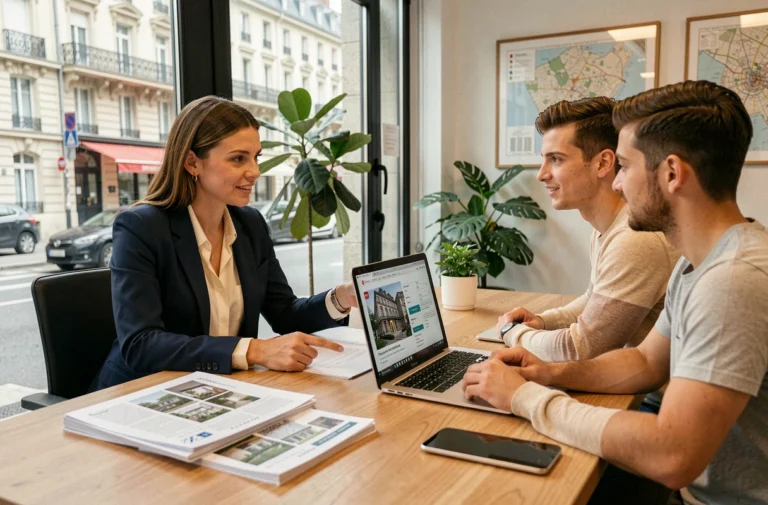 Agente immobilière présentant des annonces d'appartements parisiens à un couple dans une agence moderne
