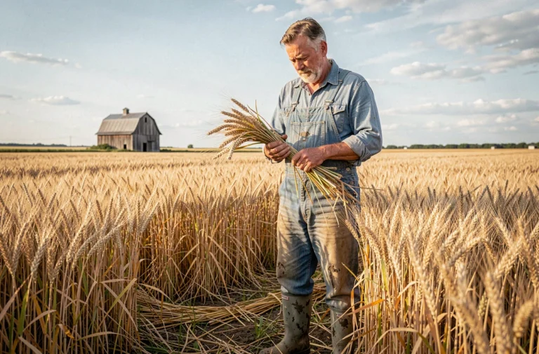 Agriculteur d'une cinquantaine d'années examinant des épis de blé dans un vaste champ cultivé au moment de la moisson