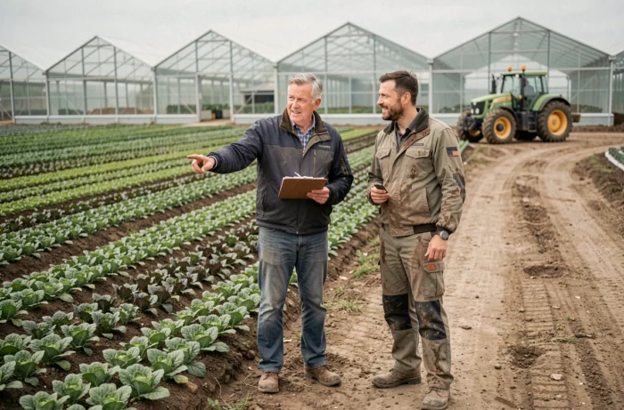 Agriculteur professionnel et fermier discutant en bord de champ devant des serres industrielles et un tracteur dans un contexte d'agribusiness moderne