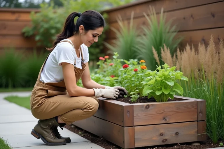 Femme aménageant un potager surélevé en bois dans un jardin contemporain avec des herbes aromatiques et des plantes fleuries