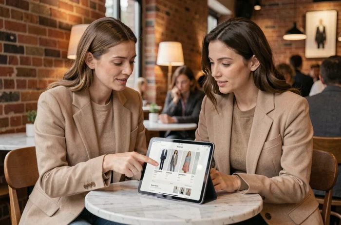 Deux femmes discutant des avis sur la marque Reserved autour d'une tablette dans un café