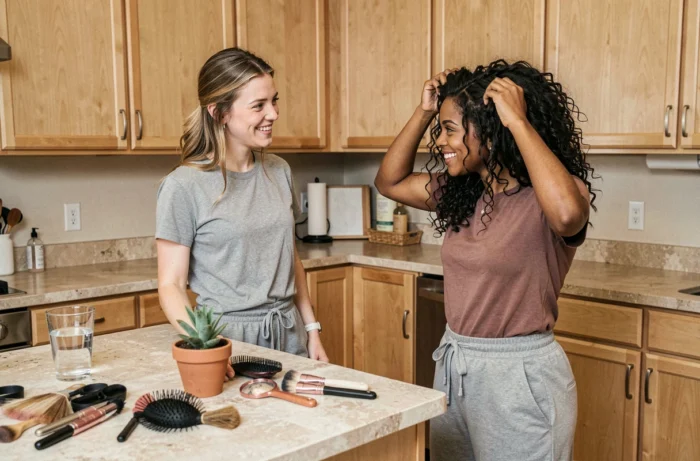 Deux amies partageant un moment de beauté complice en tressant les cheveux dans une cuisine moderne et décontractée