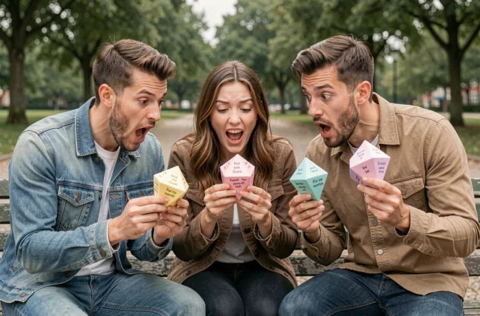 Groupe d'amis hilares lisant des messages drôles dans des cocottes en papier au parc