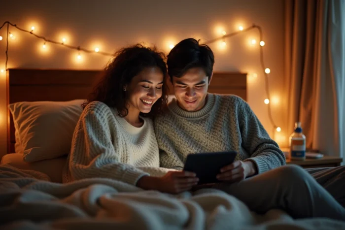 Deux amis regardant ensemble un film en streaming sur une tablette dans une chambre cosy