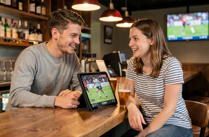 Deux amis regardant un match de rugby en direct sur une tablette dans un bar sportif