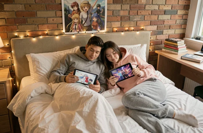 Deux amis regardant des séries anime sur tablette dans une chambre d'étudiant conviviale