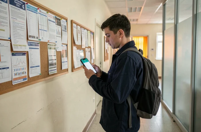 Apprenti en alternance vérifiant ses notes sur son smartphone dans le couloir d'un CFA normand avant les examens