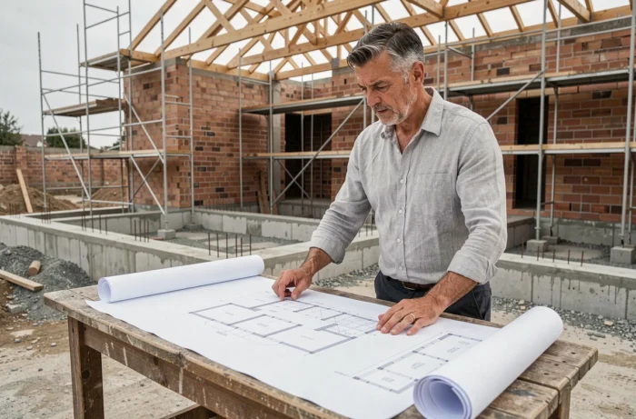Architecte consultant des plans de construction sur un chantier VEFA avec ossature bois en arrière-plan