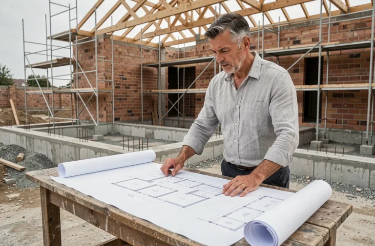 Architecte consultant des plans de construction sur un chantier VEFA avec ossature bois en arrière-plan