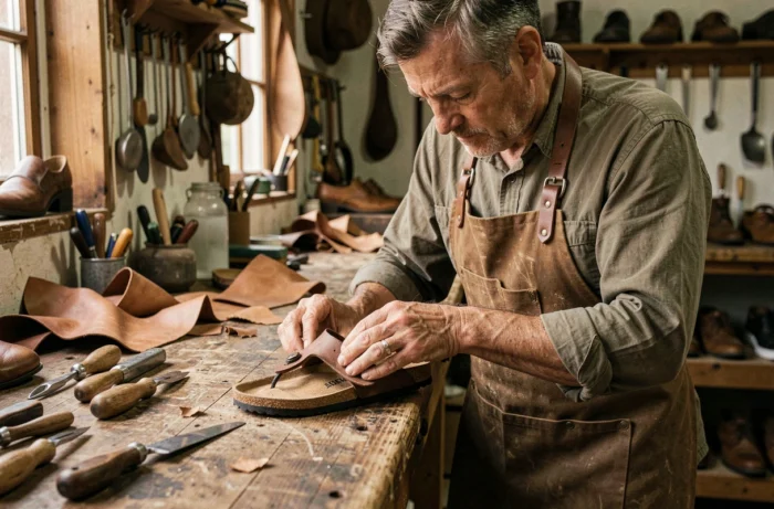 Artisan cordonnier dans son atelier inspectant minutieusement la semelle en liège d'une sandale Birkenstock, illustrant le savoir-faire artisanal derrière le prix élevé de la marque