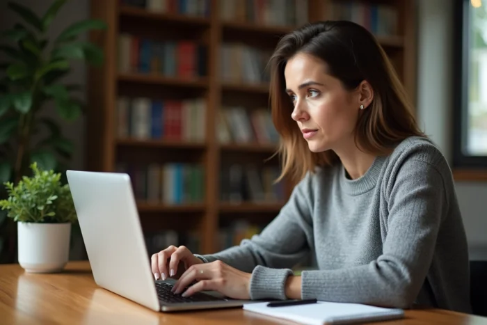 Femme consultant les avis clients d'un service de dépannage sur son ordinateur portable à domicile