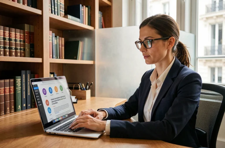 Avocate française consultant des documents juridiques sur le partage de fichiers en ligne dans un bureau parisien moderne