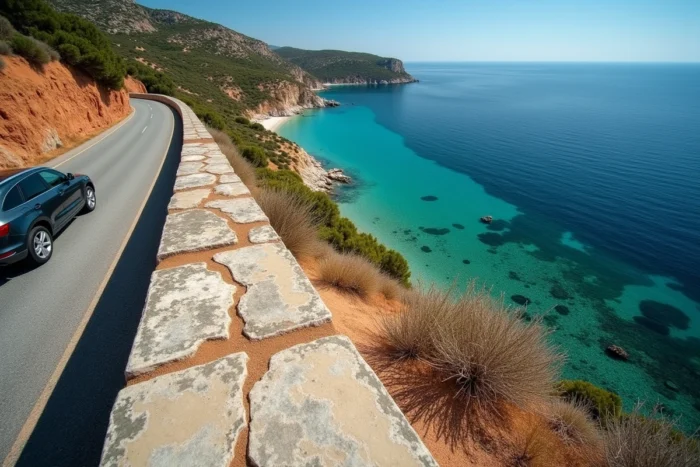 Vue en hauteur d'une route côtière en Corse-du-Sud surplombant la crique de Cala d'Orzu et ses eaux turquoise