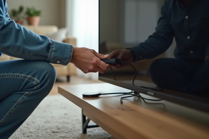 Homme en train de brancher un appareil Chromecast sur le port HDMI d'un téléviseur dans un salon moderne