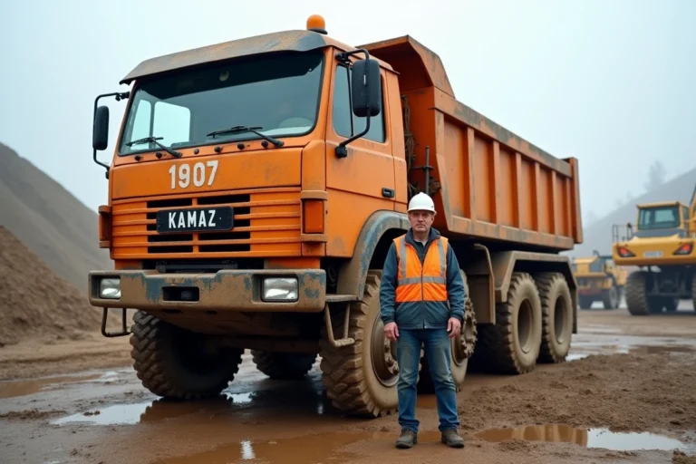 Camion KAMAZ robuste garé sur un chantier industriel boueux avec un ouvrier en gilet de sécurité
