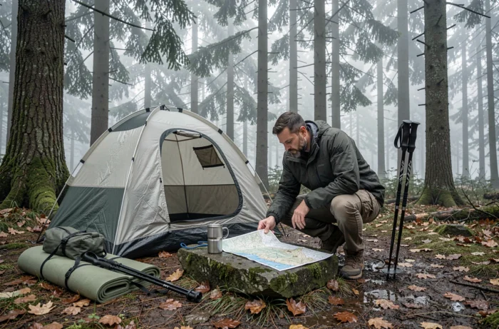 Campeur masculin étudiant une carte topographique près d'une tente dôme avec équipement de camping organisé en forêt brumeuse