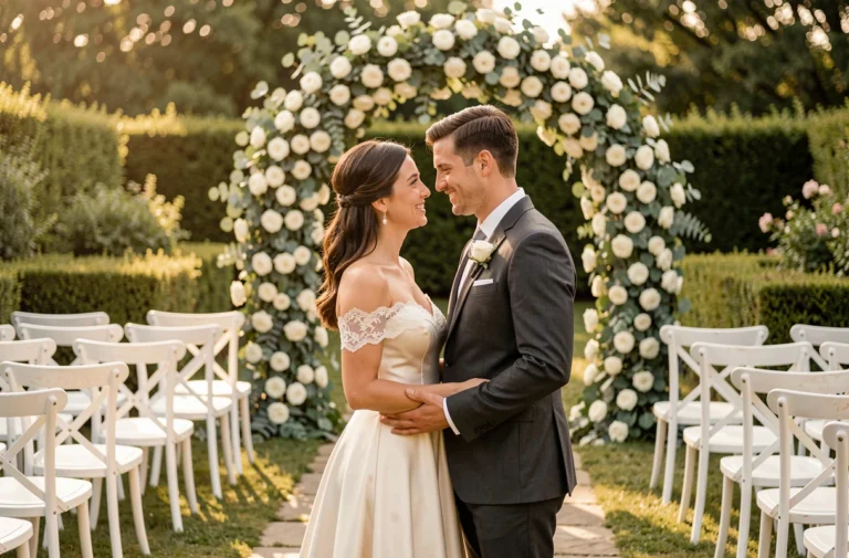 Couple de mariés échangeant un regard tendre lors d'une cérémonie de mariage élégante en plein air, entouré d'arches florales blanches et de verdure