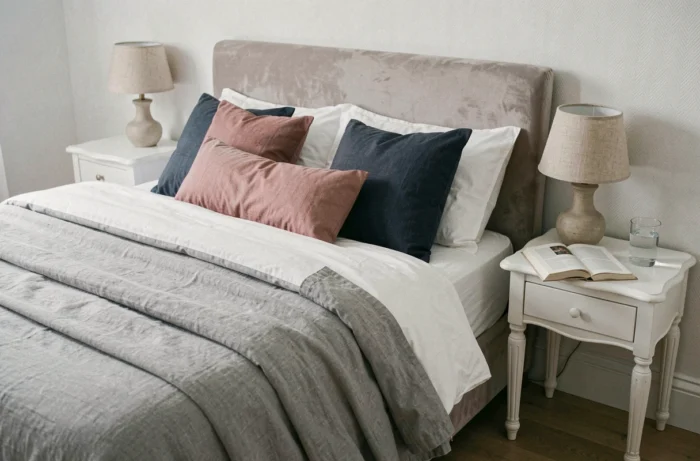 Chambre à coucher décorée en blanc et gris avec des accents rose poudré et bleu marine pour une palette équilibrée