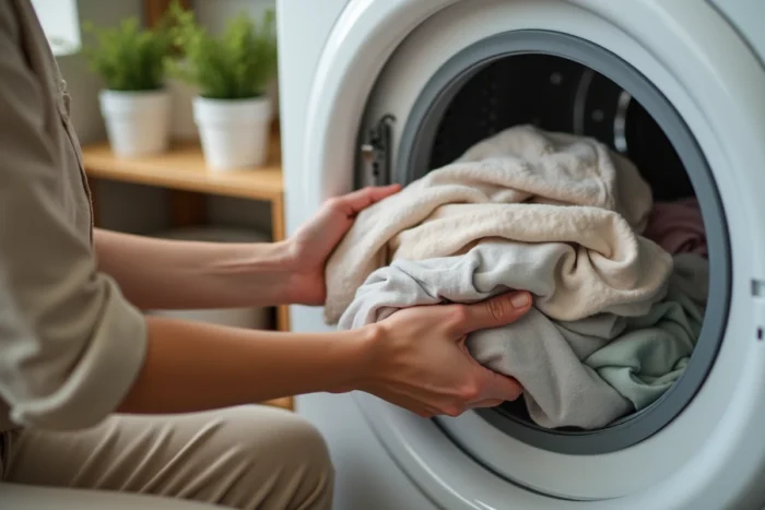 Femme chargeant du linge dans un lave-linge à hublot dans une salle de bain domestique