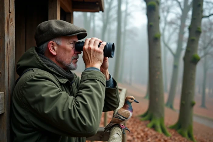 Chasseur de palombes dans une palombière traditionnelle en bois dans les collines du Pays Basque