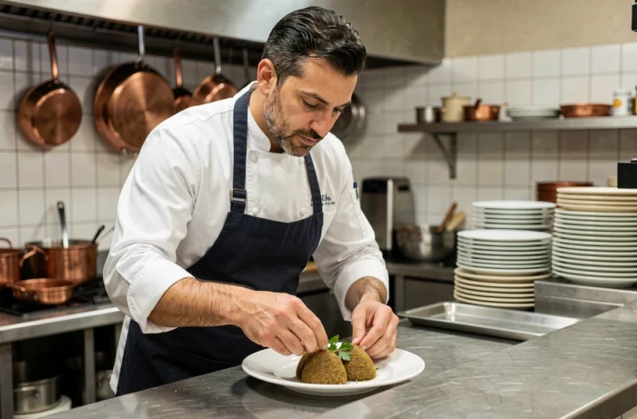 Chef cuisinier libanais préparant un plat de kibbeh dans la cuisine du restaurant halal Le Cèdre à Paris
