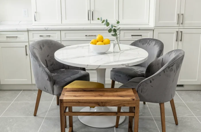 Coin repas moderne avec table en marbre blanc, chaises grises et accents jaune moutarde dans une cuisine lumineuse