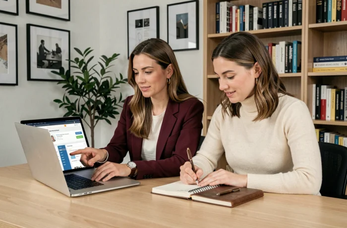 Deux femmes d'affaires collaborant sur une plateforme de services B2B pour optimiser la croissance de leur entreprise