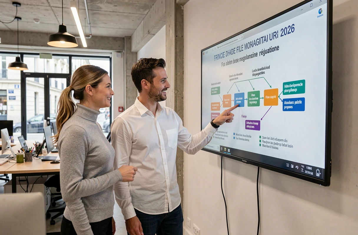 Deux collègues français analysant un diagramme de la législation 2026 sur le partage de fichiers dans un espace de coworking contemporain