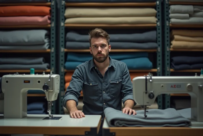 Homme comparant deux machines à coudre industrielles pour tissus épais dans un atelier textile professionnel avec des rouleaux de tissu en arrière-plan
