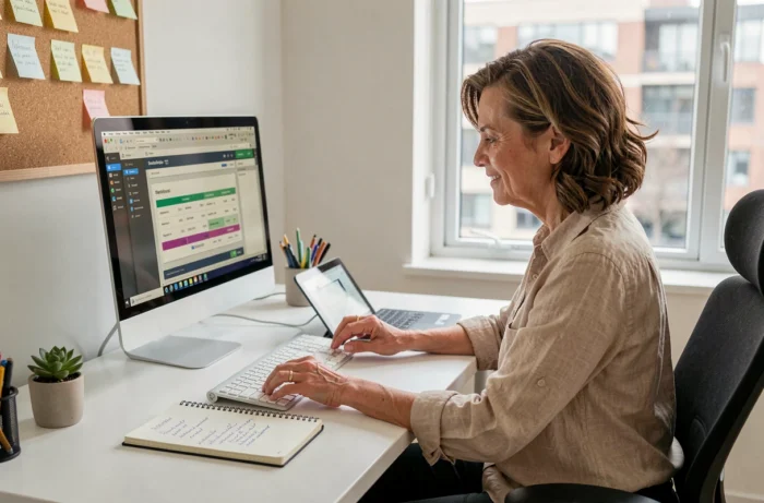 Femme comparant les prix en ligne sur ordinateur et tablette dans un bureau à domicile organisé