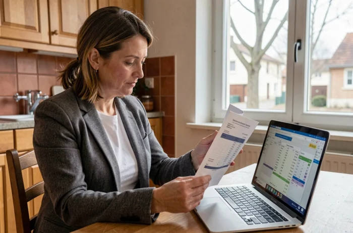 Conseillère énergie comparant les prix du fioul domestique sur ordinateur à la maison