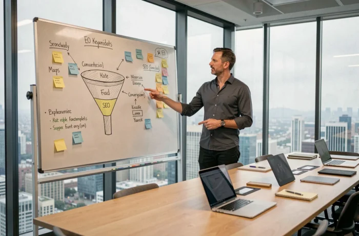 Un consultant en webmarketing présentant une stratégie SEO et de conversion sur un tableau blanc dans une salle de réunion vitrée