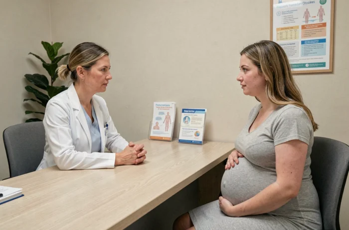 Consultation médicale entre une sage-femme et une femme enceinte concernant les risques du musc