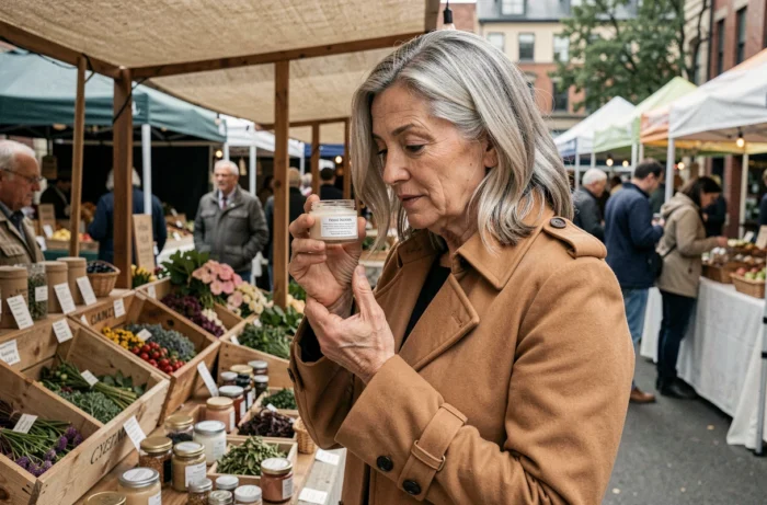 Femme élégante d'une cinquantaine d'années découvrant des cosmétiques naturels artisanaux sur un marché en plein air