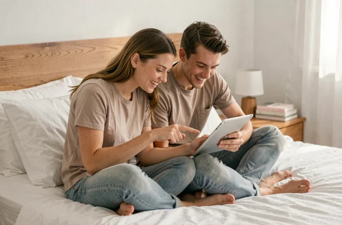 Couple cherchant des offres et astuces pour économiser sur leurs achats en ligne depuis leur chambre