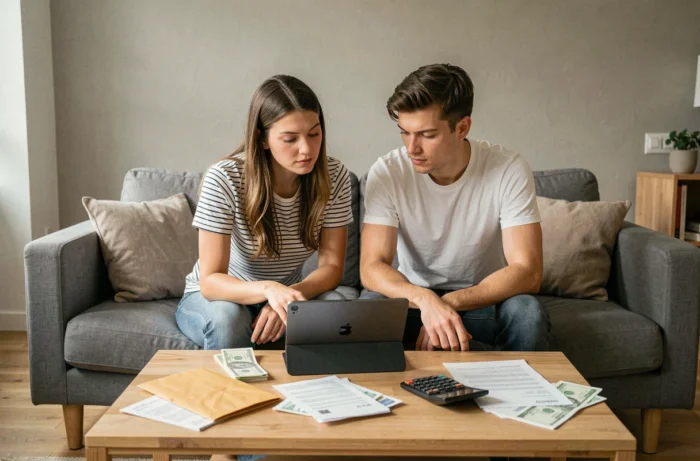 Couple planifiant leur budget familial ensemble sur une tablette entourés de factures dans un salon moderne
