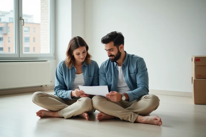 Couple consultant une liste de contrôle de déménagement assis sur le sol d'un appartement vide
