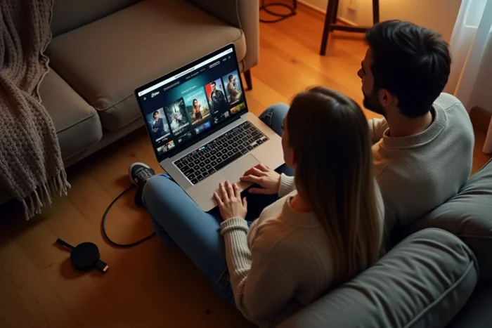 Couple choisissant un film sur une plateforme de streaming depuis un ordinateur portable avec Chromecast posé à côté