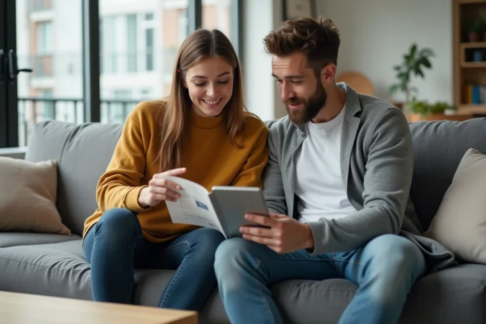 Jeune couple étudiant ensemble des offres bancaires sur tablette dans leur salon pour choisir la solution la mieux adaptée