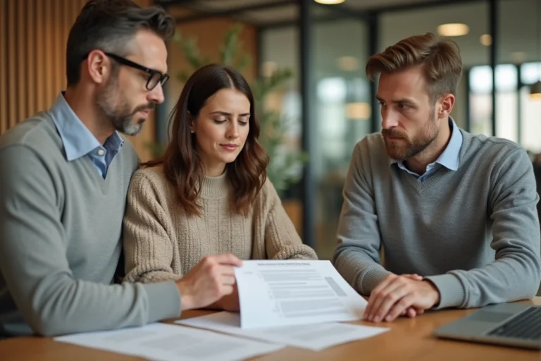 Couple en réunion avec un conseiller bancaire local pour discuter d'un prêt immobilier, documents hypothécaires sur le bureau