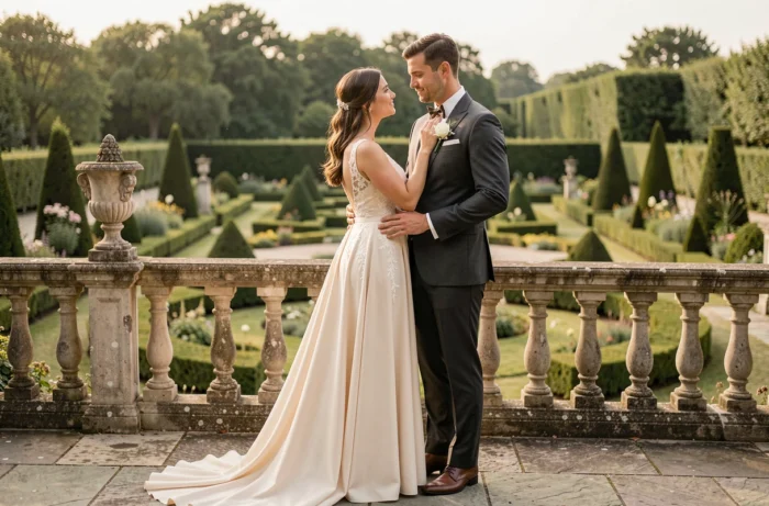 Couple élégant partageant un moment intime sur une terrasse en pierre avec vue sur un jardin à la française lors d'un mariage discret