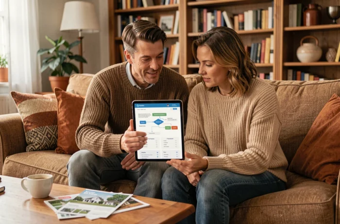 Couple naviguant ensemble sur le plan du site ImmoGuru via une tablette dans un salon chaleureux