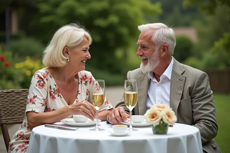 Couple célébrant 38 ans de mariage aux noces de mercure autour d'une table de jardin avec champagne