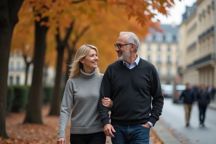Couple élégant se promenant sur un boulevard parisien en automne, évoquant complicité et vie sentimentale épanouie