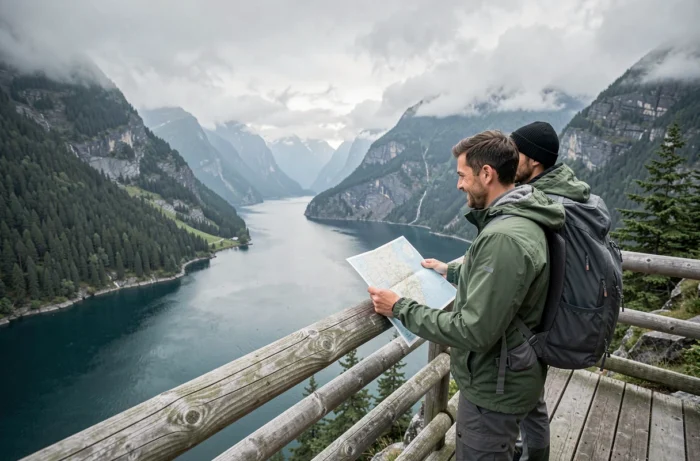 Paar von Wanderern auf einem Aussichtspunkt mit Panoramablick auf einen Fjord, Trends im Abenteuerreisen und Ökotourismus