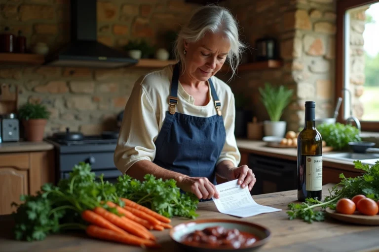 Femme française en tablier de lin préparant un bœuf bourguignon dans une cuisine rustique en pierre avec des herbes fraîches et du vin de Bourgogne