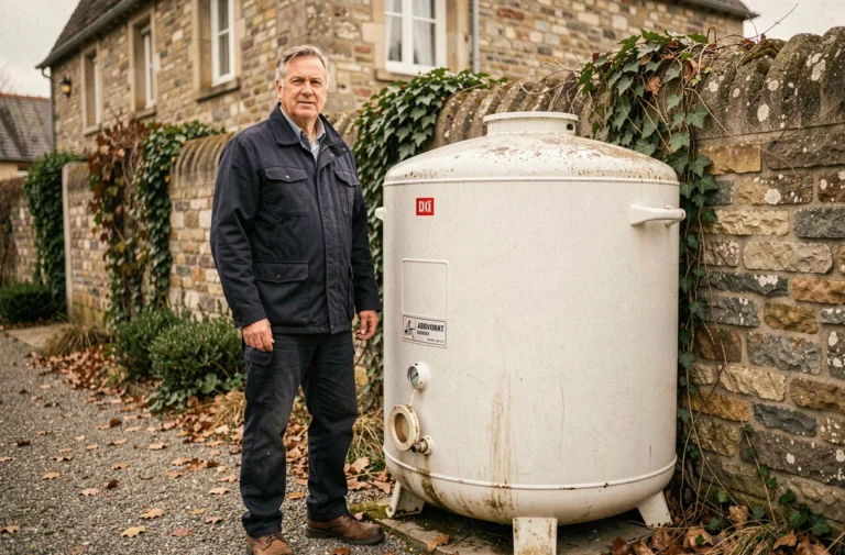 Homme vérifiant une cuve de fioul domestique dans le jardin d'une maison française